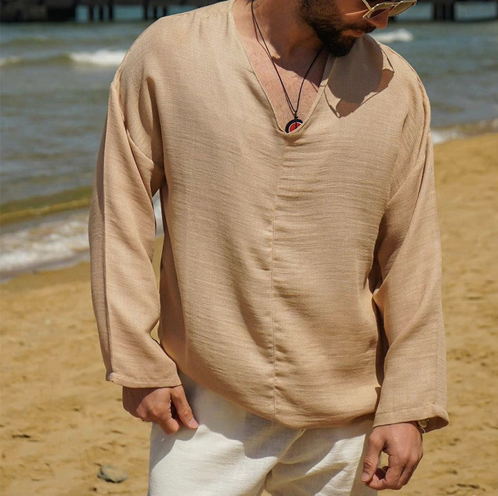 Herren-Leinenhemd - Bequemer Schnitt - V-Ausschnitt - Lange Ärmel - Atmungsaktive Freizeitkleidung