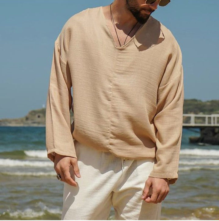 Herren-Leinenhemd - Bequemer Schnitt - V-Ausschnitt - Lange Ärmel - Atmungsaktive Freizeitkleidung