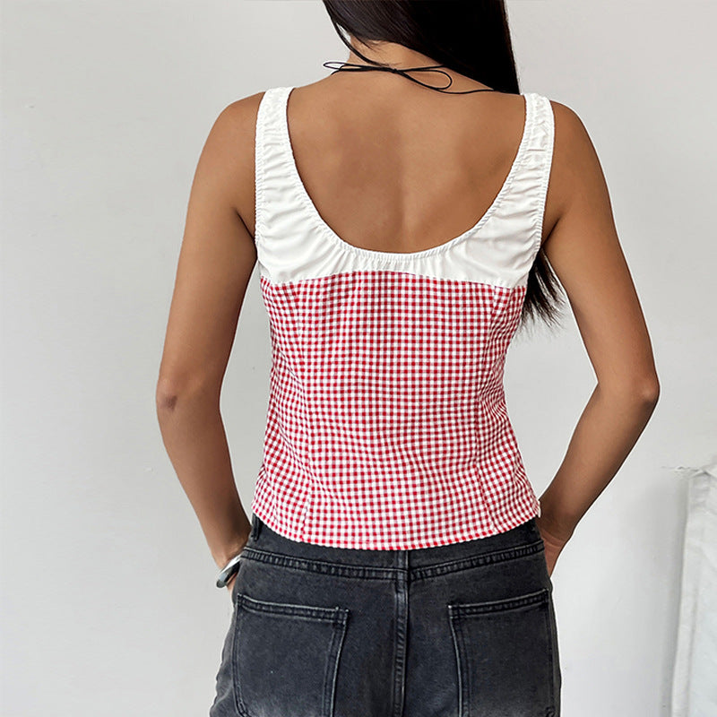 Débardeur Femme en Coton Mélangé - Coupe Slim - Col en Scoop - Motif Vichy - Taille Courte