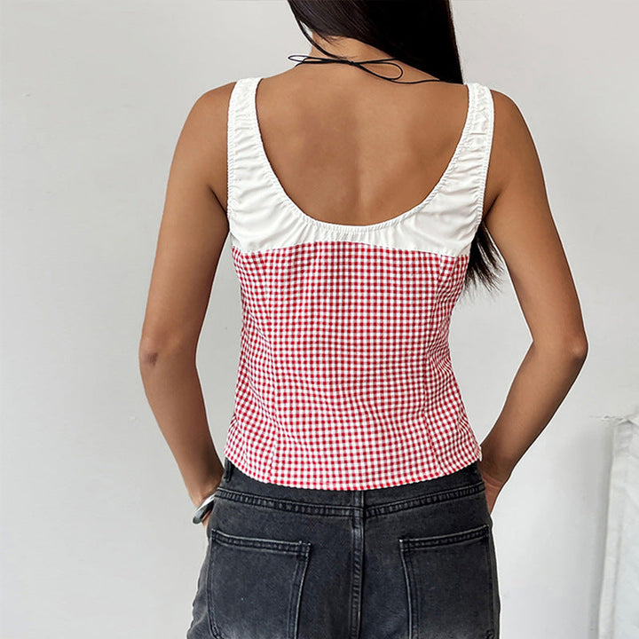 Débardeur Femme en Coton Mélangé - Coupe Slim - Col en Scoop - Motif Vichy - Taille Courte