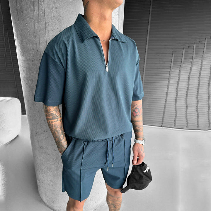 "Conjunto de Polo y Pantalones Cortos para Hombre - Ajuste Cómodo - Cuello con Cremallera - Cintura con Cordón - Algodón Transpirable"