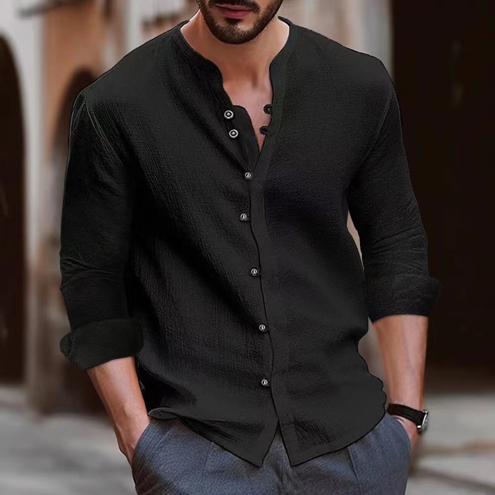 Męskie buty sportowe Camicia a Manica Lunga in Misto Cotone e Lino - Vestibilità Relaxed - Colletto a Banda - Versione con Bottoni