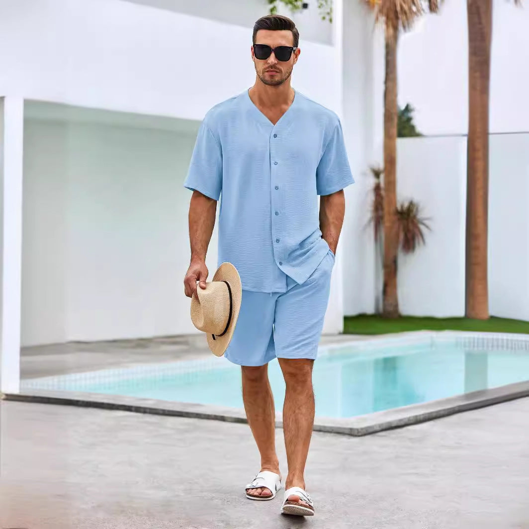 Conjunto Masculino de Dos Piezas - Camisa de Cuello en V con Botones - Shorts de Ajuste Cómodo - Algodón Transpirable