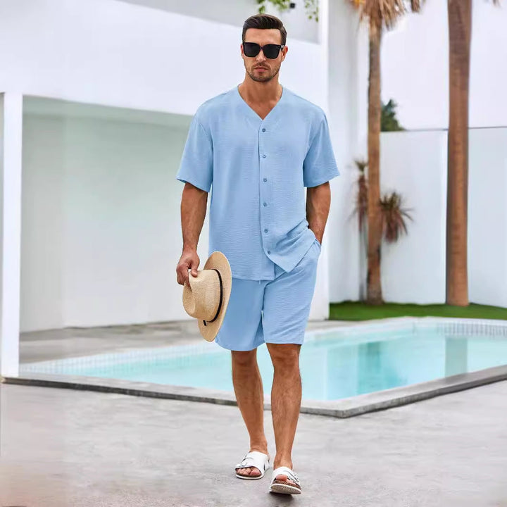 Conjunto Masculino de Dos Piezas - Camisa de Cuello en V con Botones - Shorts de Ajuste Cómodo - Algodón Transpirable