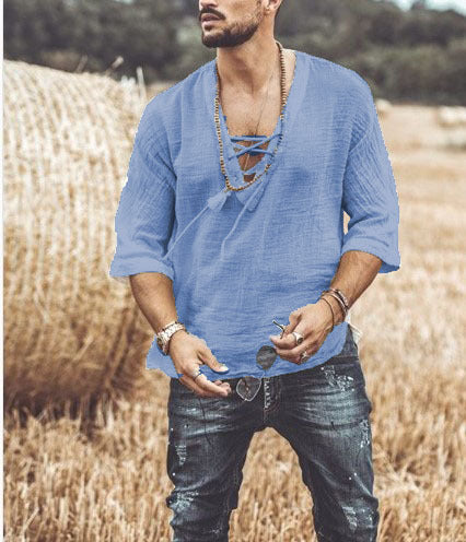 Koszulka męska - Coupe Relaxée - Encolure V Lacée - Manches 3/4 - Léger et Respirant