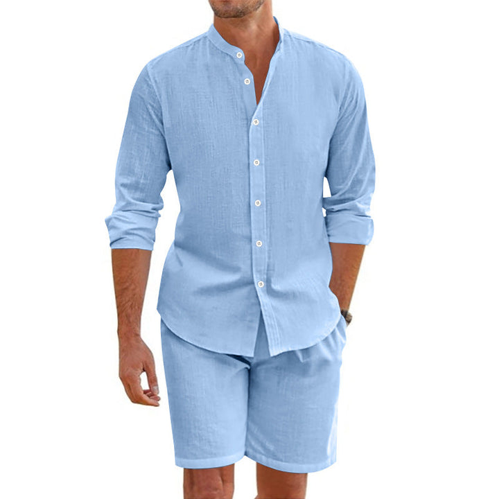 Conjunto para Hombre de Dos Piezas - Mezcla de Lino - Ajuste Relajado - Camisa con Botones y Shorts a la Mitad del Muslo