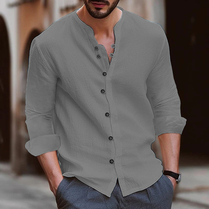 Męskie buty sportowe Camicia a Manica Lunga in Misto Cotone e Lino - Vestibilità Relaxed - Colletto a Banda - Versione con Bottoni