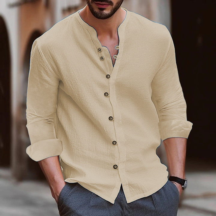Męskie buty sportowe Camicia a Manica Lunga in Misto Cotone e Lino - Vestibilità Relaxed - Colletto a Banda - Versione con Bottoni