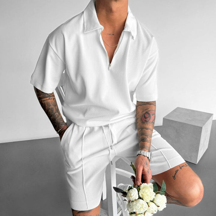 "Conjunto de Polo y Pantalones Cortos para Hombre - Ajuste Cómodo - Cuello con Cremallera - Cintura con Cordón - Algodón Transpirable"