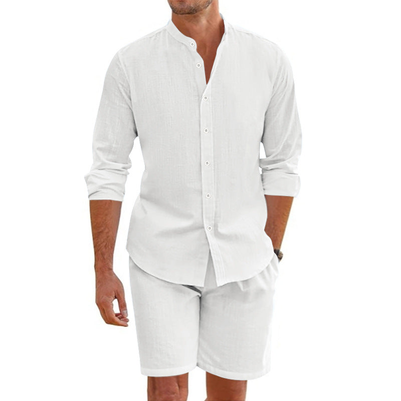 Conjunto para Hombre de Dos Piezas - Mezcla de Lino - Ajuste Relajado - Camisa con Botones y Shorts a la Mitad del Muslo