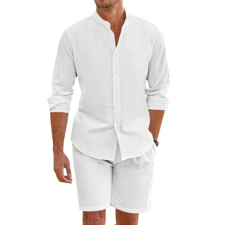 Conjunto para Hombre de Dos Piezas - Mezcla de Lino - Ajuste Relajado - Camisa con Botones y Shorts a la Mitad del Muslo