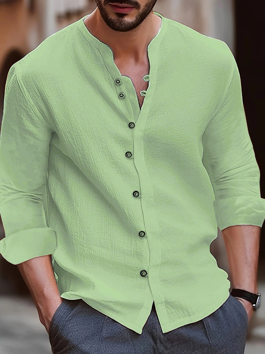 Męskie buty sportowe Camicia a Manica Lunga in Misto Cotone e Lino - Vestibilità Relaxed - Colletto a Banda - Versione con Bottoni