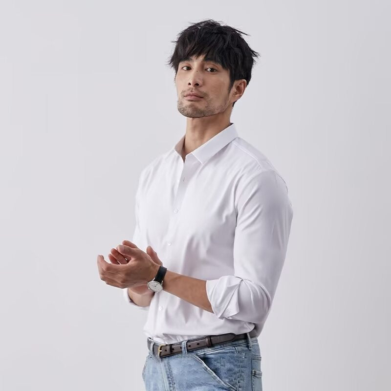 Elegancka koszulka dla mężczyzn - Coupe Slim - Syntetyczna tekstura soi - Długie rękawy z guzikami - Styl Business Casual