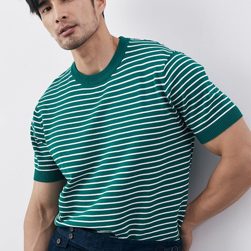 Męska koszulka z dzianiny Slim Fit w stylowe poziome paski i prążkowane mankiety - wygodna mieszanka bawełny