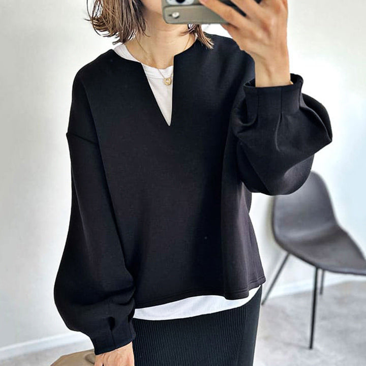 Bluza manga larga para mujer w stylu oversize, tela ligera, mangas globo y escote en V
