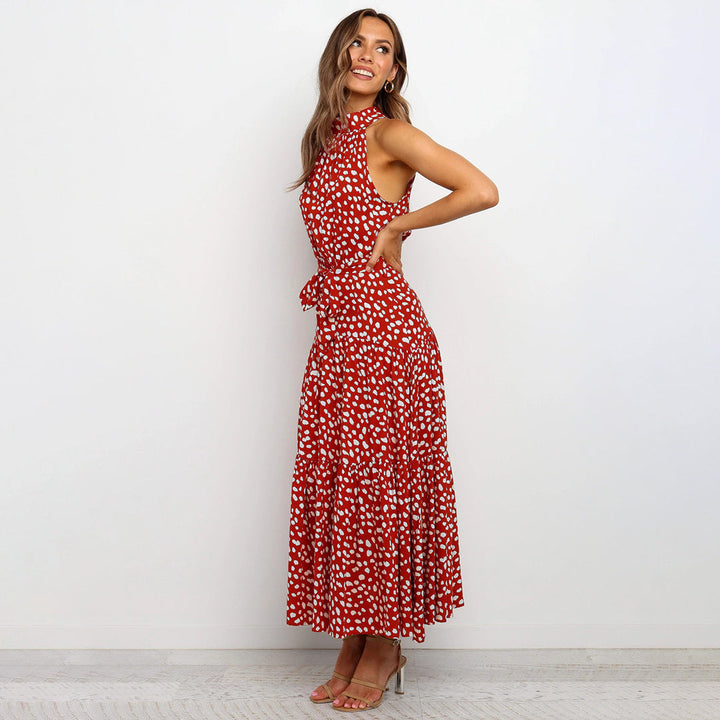 Elegancki szlafrok damski z kołnierzem halter z pois, dżersej z wieloma kieszeniami bez mankietów