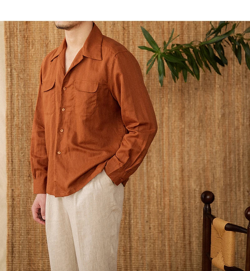 Camisa de lino para hombre - Ajuste cómodo - Con botones - Manga larga - Dos bolsillos en el pecho