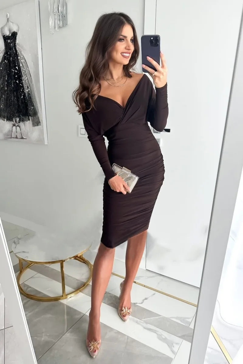 Robe Femme Style Bodycon - Épaule Dénudée - Manches Longues - Ajustée Tendance - Tenue Sophistiquée pour Soirée