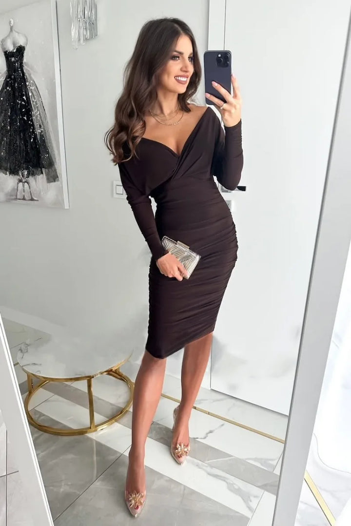 Robe Femme Style Bodycon - Épaule Dénudée - Manches Longues - Ajustée Tendance - Tenue Sophistiquée pour Soirée