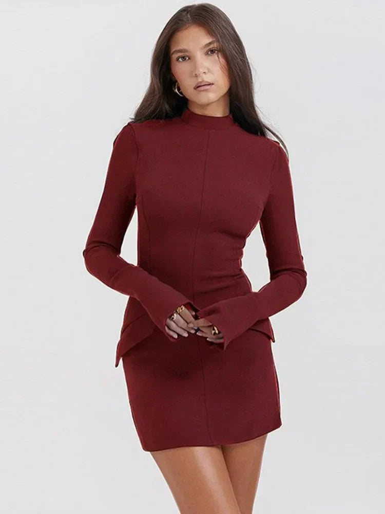 Sofisticé et Confortable Robe Mini Fitted pour Femmes - Col Haut Élégant - Manches Longues - Détail Structuré sur les Hanches