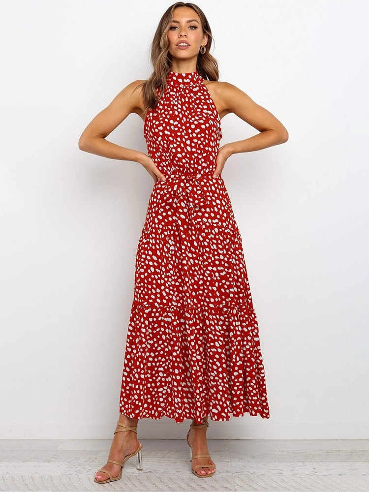 Vestido midi halter para mujer con estampado de puntos, corte evasé, cinturón en la cintura y diseño fluido