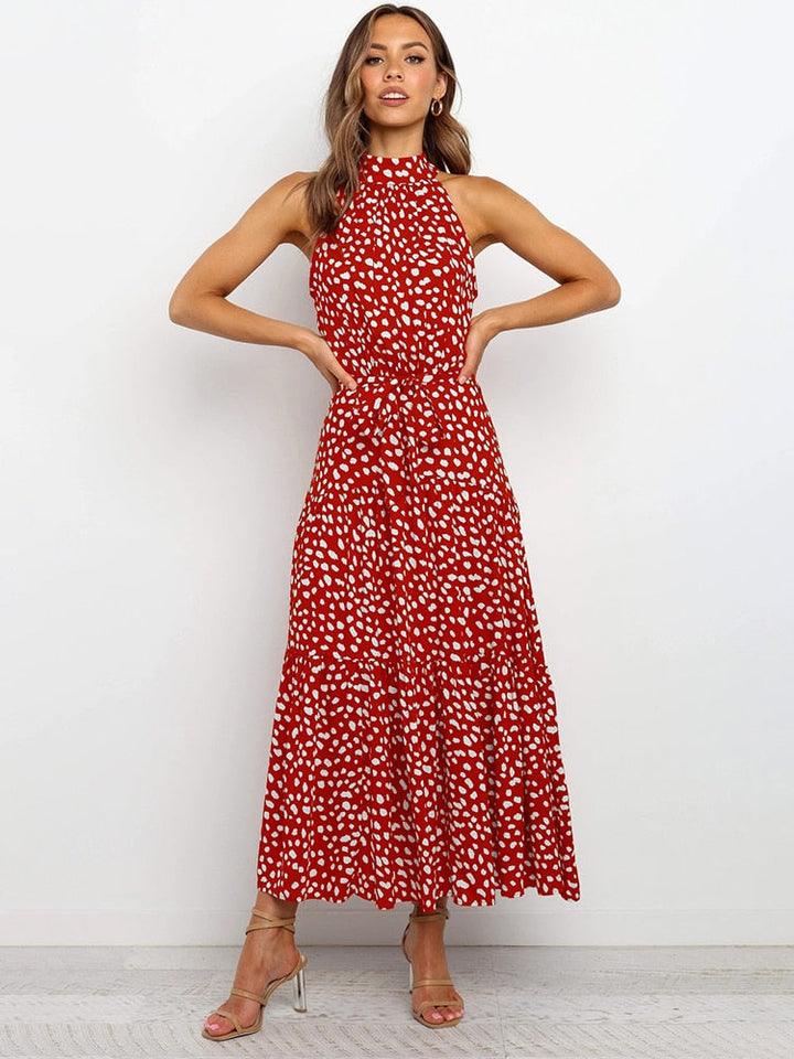 Vestido midi halter para mujer con estampado de puntos, corte evasé, cinturón en la cintura y diseño fluido