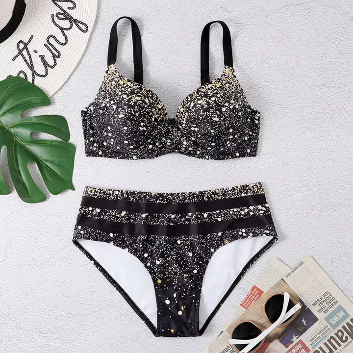Eleganckie damskie bikini z wysokim stanem i modnym nadrukiem w liście