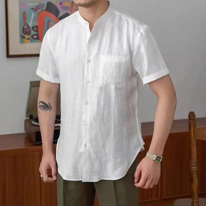Męska oddychająca koszula lniana - wygodny luźny krój - stylowy kołnierzyk typu mandarynka - długi rękaw zapinany na guziki - casualowy wygląd