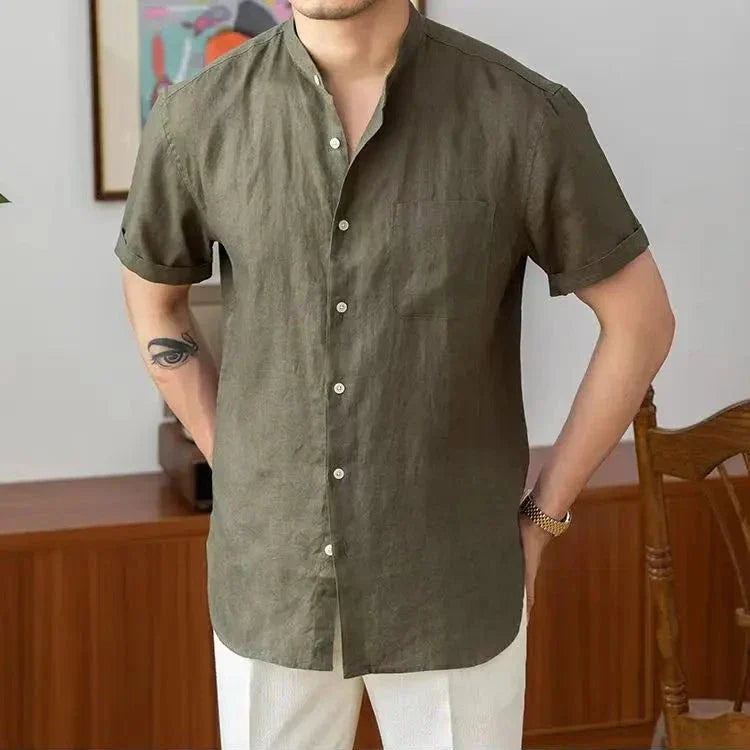 Męska oddychająca koszula lniana - wygodny luźny krój - stylowy kołnierzyk typu mandarynka - długi rękaw zapinany na guziki - casualowy wygląd