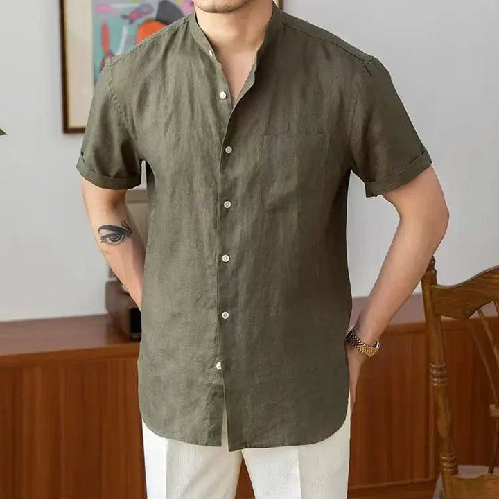 Męska oddychająca koszula lniana - wygodny luźny krój - stylowy kołnierzyk typu mandarynka - długi rękaw zapinany na guziki - casualowy wygląd