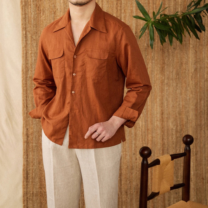 Camisa de lino para hombre - Ajuste cómodo - Con botones - Manga larga - Dos bolsillos en el pecho