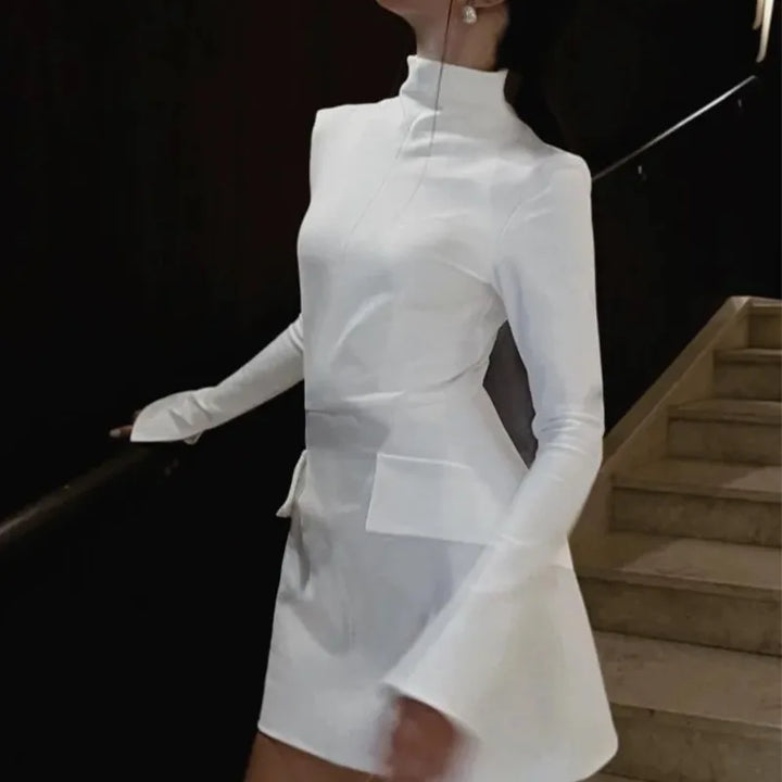 Sofisticé et Confortable Robe Mini Fitted pour Femmes - Col Haut Élégant - Manches Longues - Détail Structuré sur les Hanches