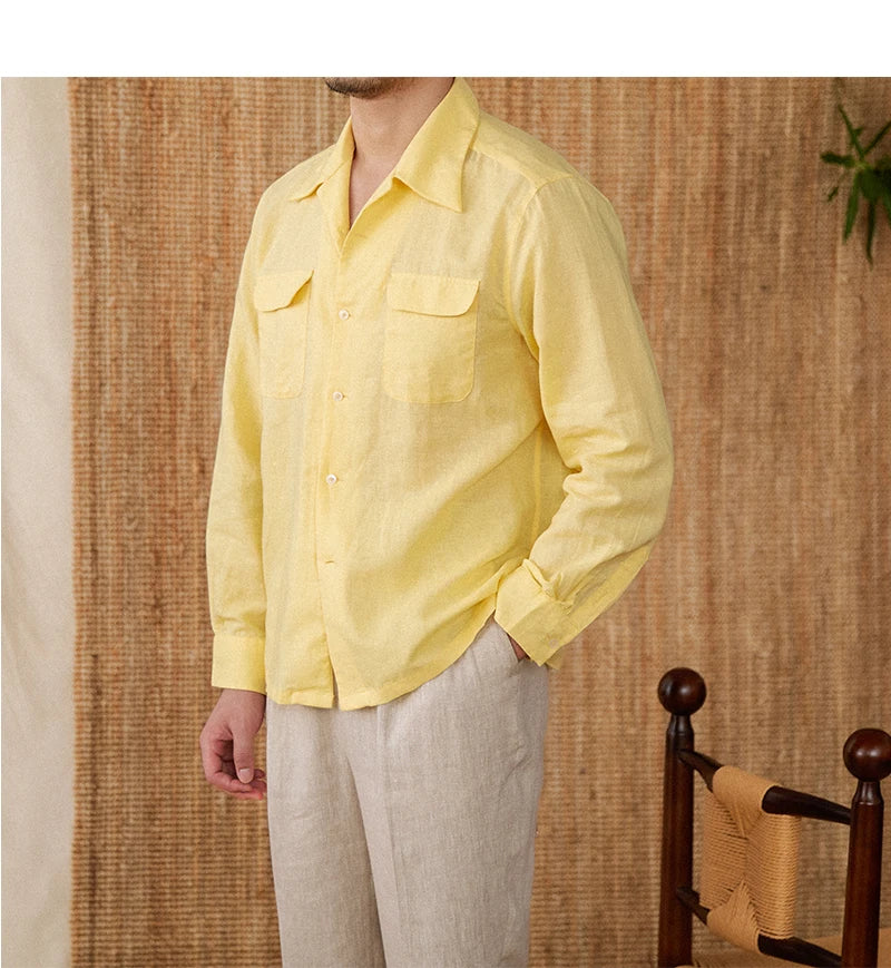 Camisa de lino para hombre - Ajuste cómodo - Con botones - Manga larga - Dos bolsillos en el pecho