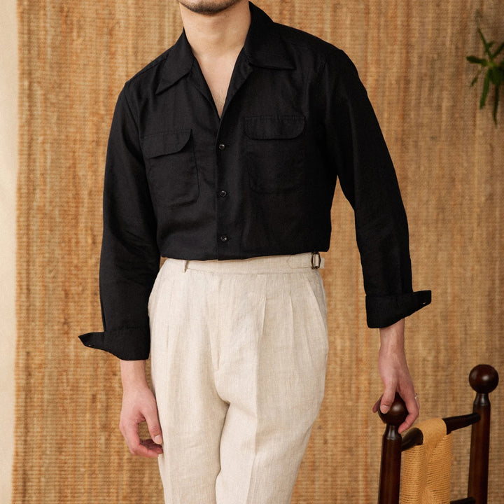 Camisa de lino para hombre - Ajuste cómodo - Con botones - Manga larga - Dos bolsillos en el pecho