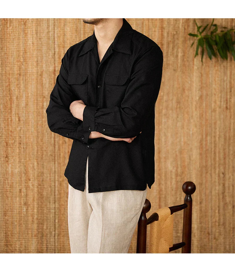 Camisa de lino para hombre - Ajuste cómodo - Con botones - Manga larga - Dos bolsillos en el pecho