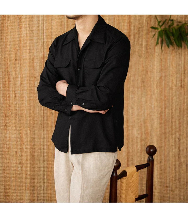 Camisa de lino para hombre - Ajuste cómodo - Con botones - Manga larga - Dos bolsillos en el pecho