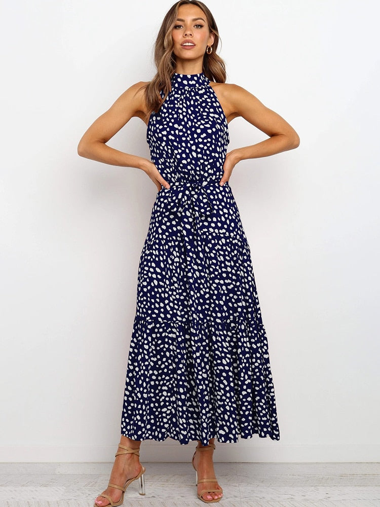 Vestido midi halter para mujer con estampado de puntos, corte evasé, cinturón en la cintura y diseño fluido