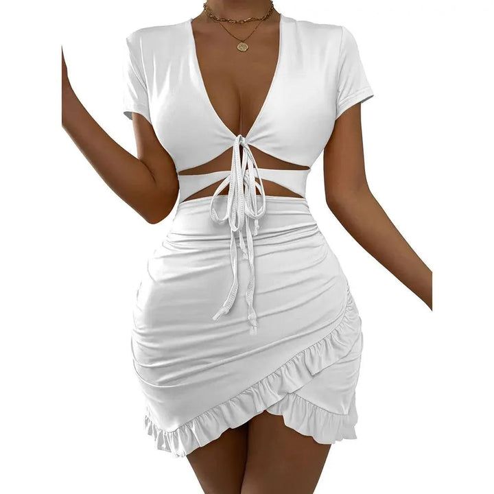 Kamizelka bodycon femenino con escote en V profundo, manga corta, cintura con aberturas y minifalda fruncida