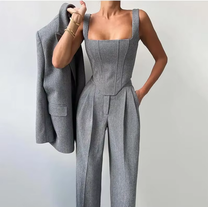Stylowy 3-częściowy kombinezon damski z modną marynarką, eleganckim topem i wygodnymi szerokimi nogawkami