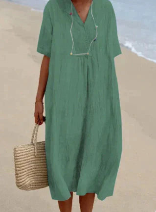 Chic Women's Linen V-Neck Relaxed Fit Dress with Short Sleeves – Ultra-Light and Breathable Fabric for All-Day Comfort