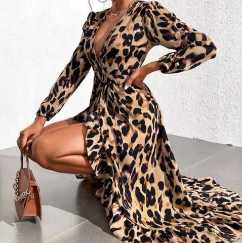 Elegant Leopard Print V-Neck Kleid aus leichtem Polyesterstoff
