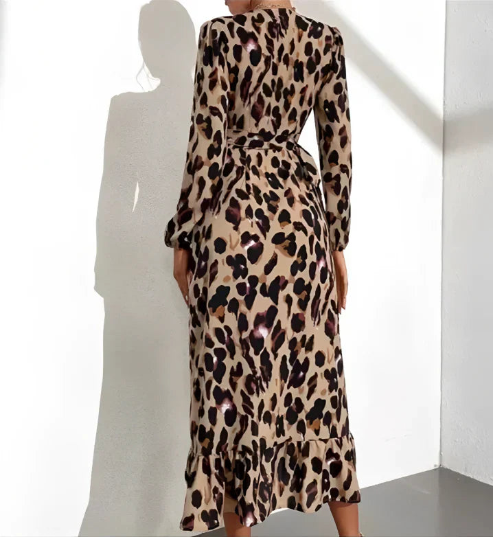 Elegant Leopard Print V-Neck Kleid aus leichtem Polyesterstoff