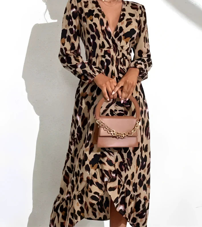 Elegant Leopard Print V-Neck Kleid aus leichtem Polyesterstoff