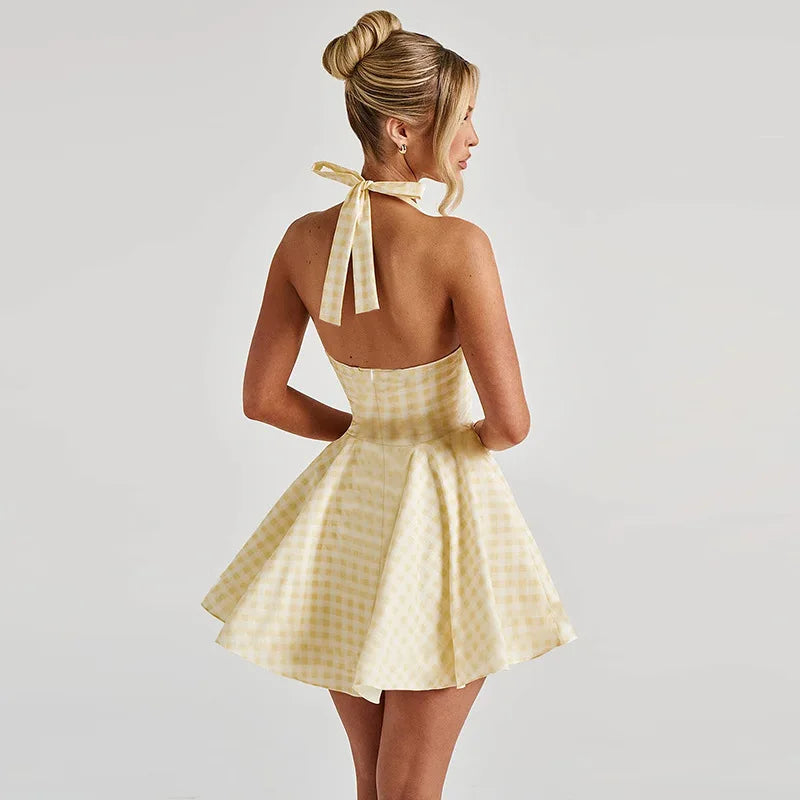 Kamizelka mini halter para mujer con espalda descubierta y falda en línea A, ropa casual ligera