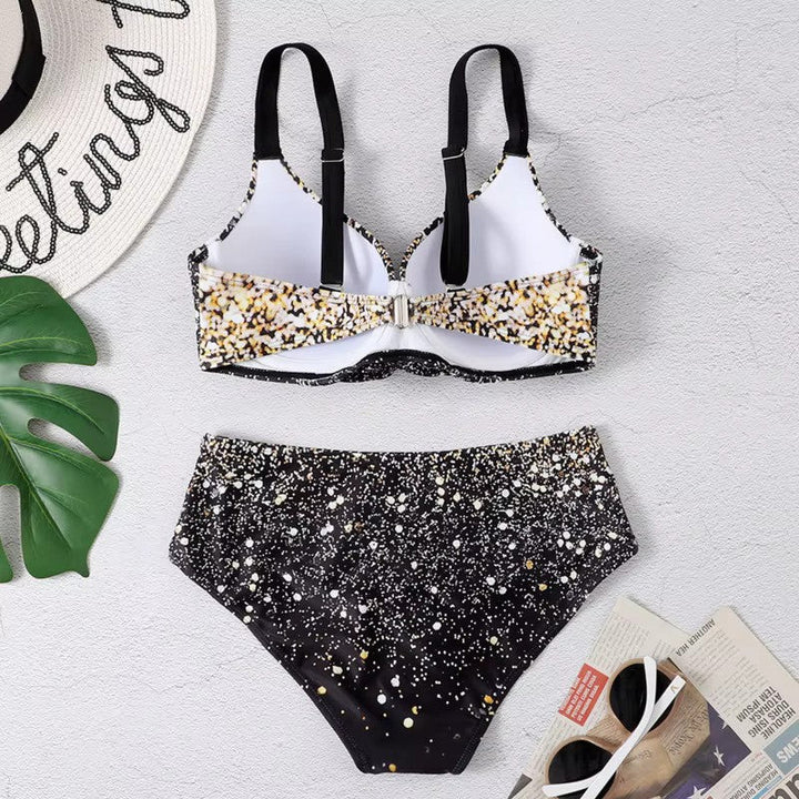 Eleganckie damskie bikini z wysokim stanem i modnym nadrukiem w liście