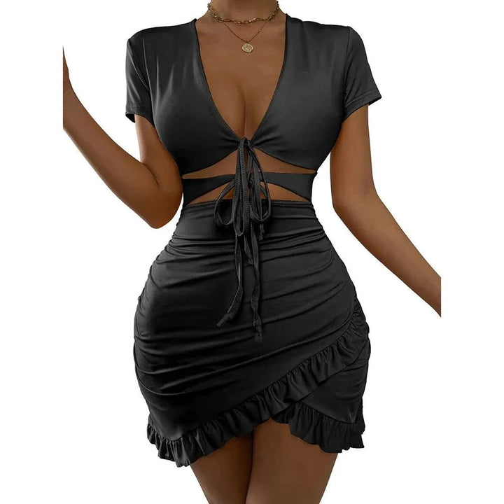 Kamizelka bodycon femenino con escote en V profundo, manga corta, cintura con aberturas y minifalda fruncida