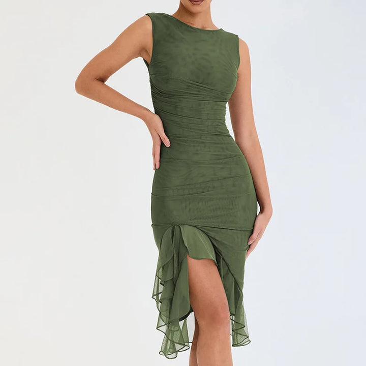 Women's Elegant Bodycon Midi Dress - Sleeveless High Neck with Flowy Asymmetrical Ruffle Hem