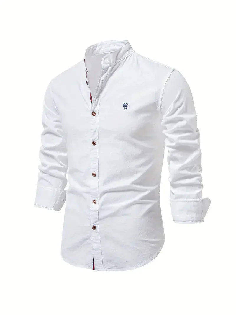 Koszulka Casual Homme - melanż bawełny - Coupe Slim - Col Mandarin - Manches Longues