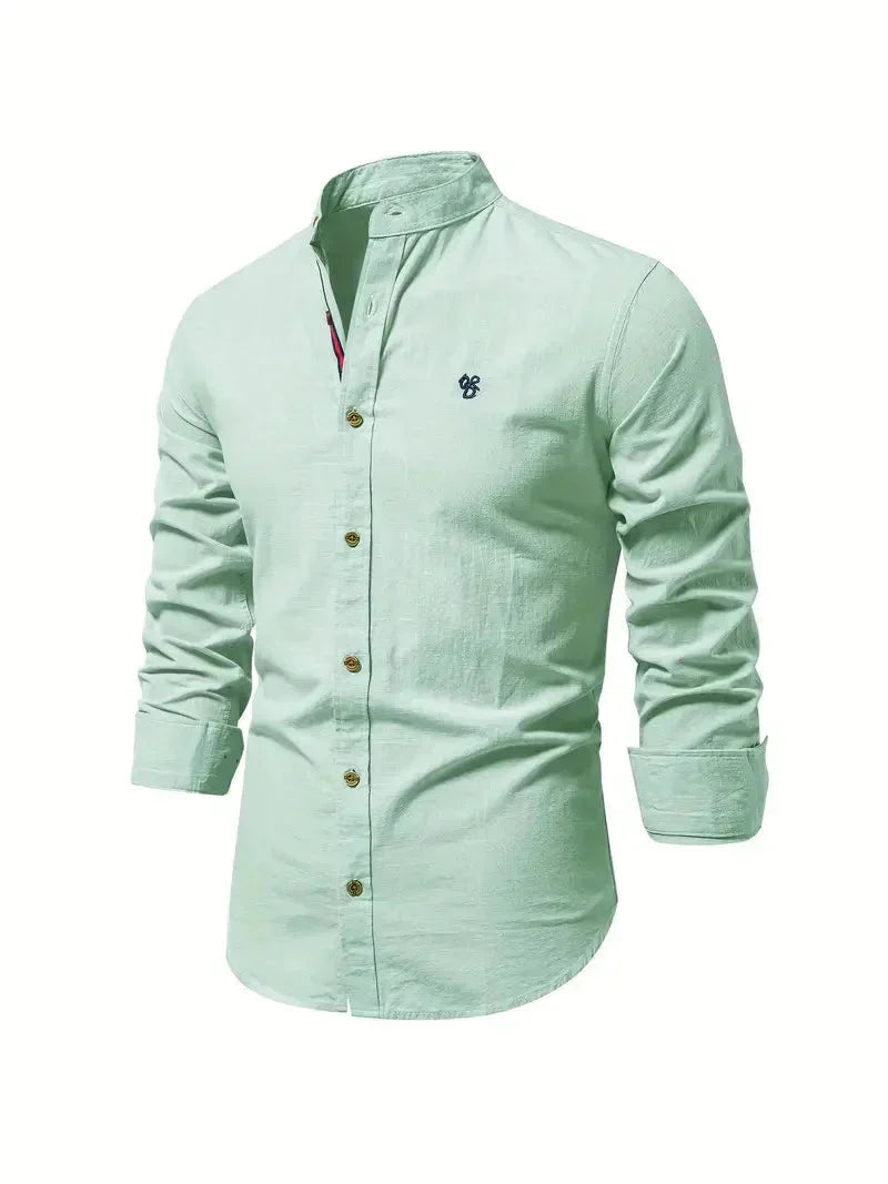 Koszulka Casual Homme - melanż bawełny - Coupe Slim - Col Mandarin - Manches Longues