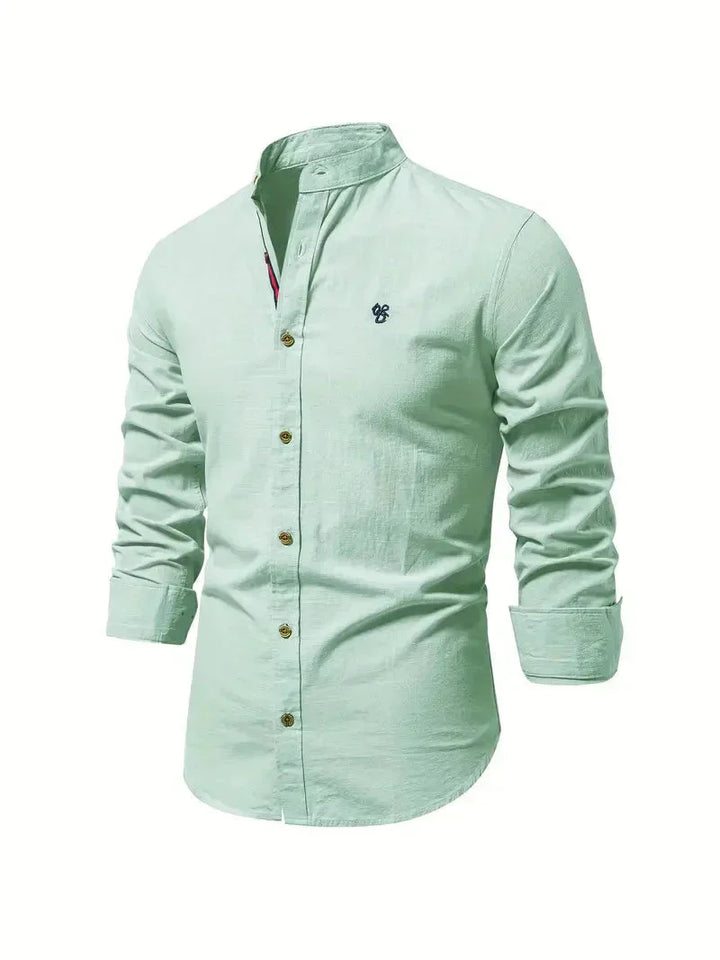 Koszulka Casual Homme - melanż bawełny - Coupe Slim - Col Mandarin - Manches Longues